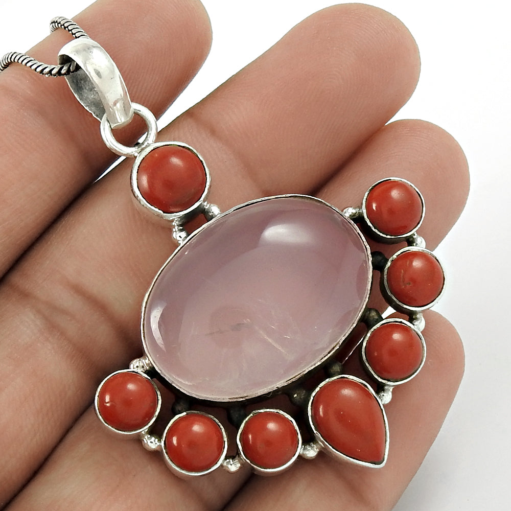 Natural Rose Quartz Gemstone Pendant Vintage 925 Sterling Silver Jewelry X4