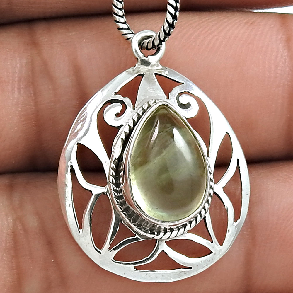Natural Prehnite Gemstone 925 Sterling Silver Pendant Bohemian For Girls F5