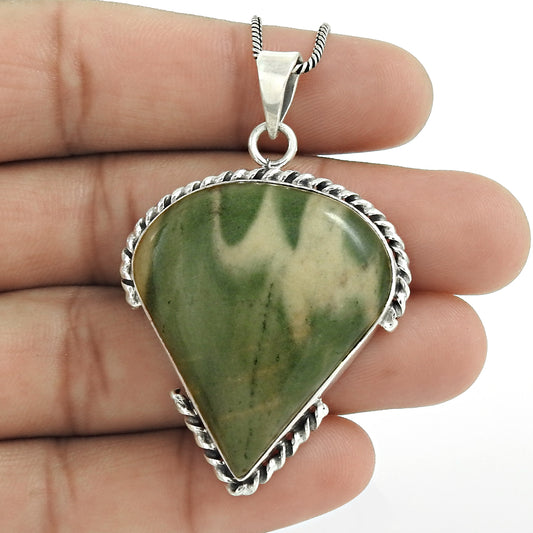 Mothers Day Gift Natural Floral Jasper Pendant Bohemian 925 Sterling Silver E7