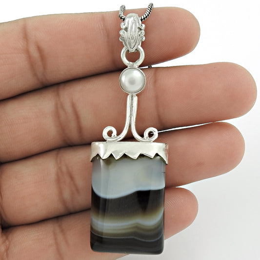 Mothers Day Gift Natural Striped Onyx Gemstone Pendant Boho 925 Sterling Silver H7