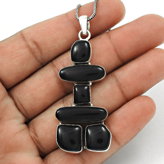 101 Natural Black Onyx Gemstone Pendant Inukshuk 925 Sterling Silver Jewelry For Women E21