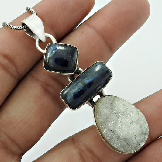 Kyanite Druzy Gemstone Pendant 925 Sterling Silver Stylish Jewelry PL7