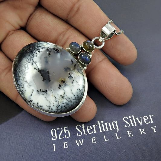 Scenic 925 Sterling Silver Dendrite Opal Gemstone Pendant Antique Jewelry