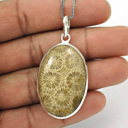 Graceful 925 Sterling Silver Fossil Coral Gemstone Pendant Traditional Jewelry