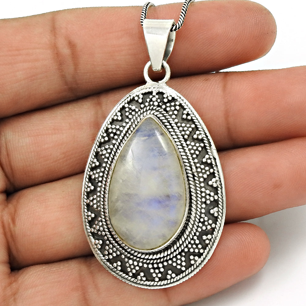 Rainbow Moonstone Gemstone Pendant 925 Sterling Silver Ethnic Jewelry QA9