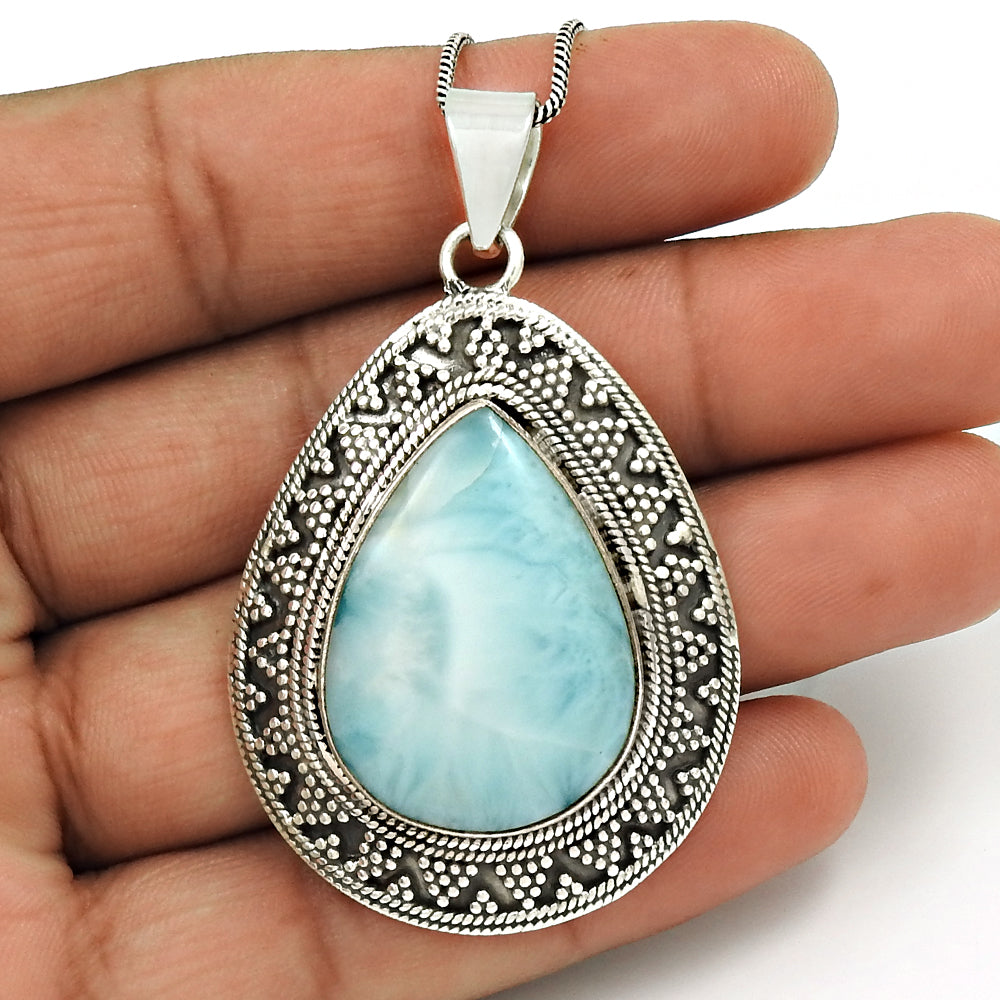 Larimar Gemstone Pendant 925 Sterling Silver Vintage Jewelry WS9