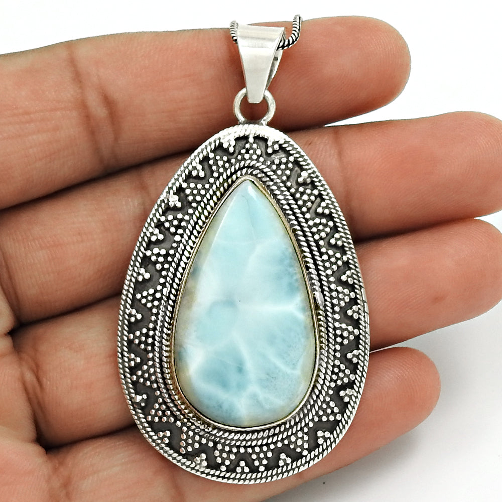 Larimar Gemstone Pendant 925 Sterling Silver Traditional Jewelry ED9