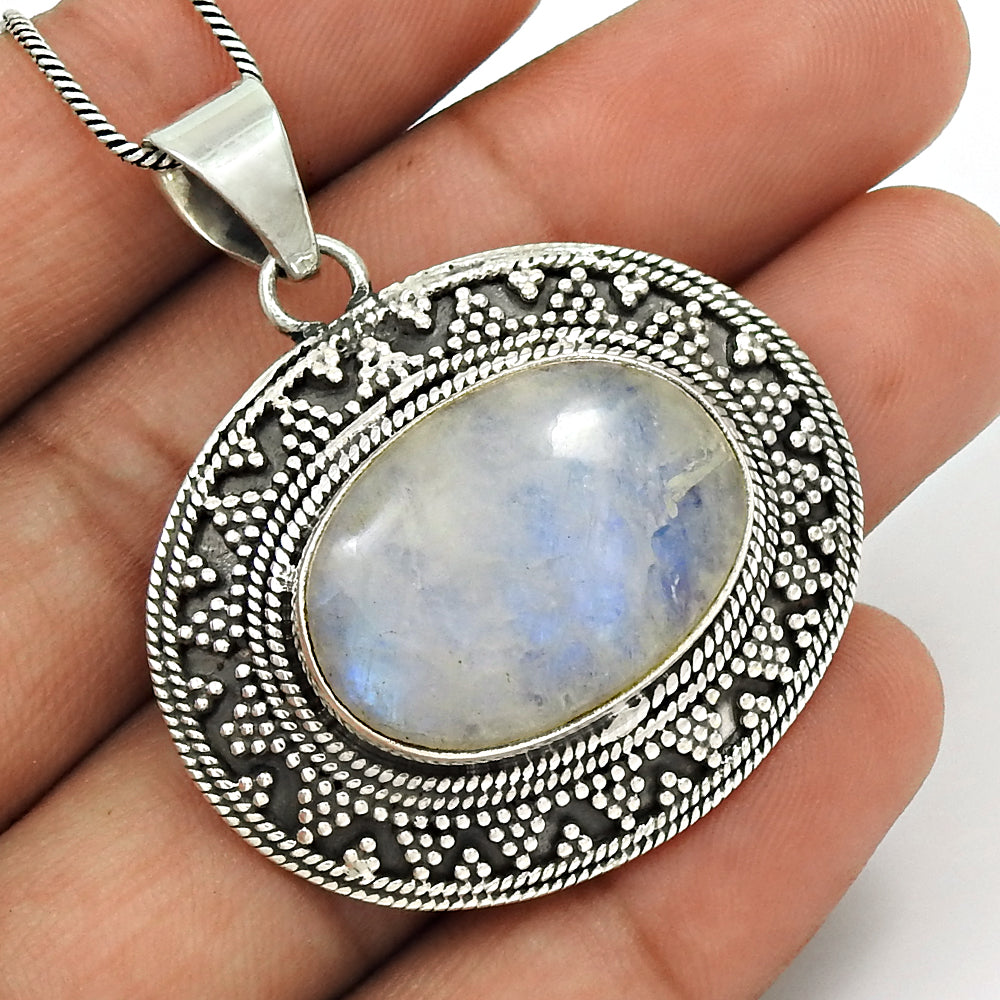 Rainbow Moonstone Gemstone Pendant 925 Sterling Silver Traditional Jewelry PH10