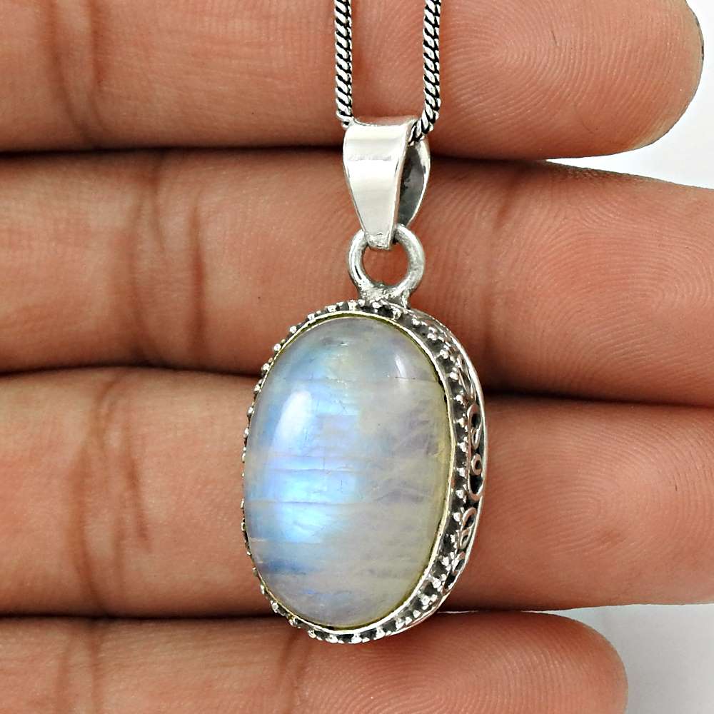 Rainbow Moonstone Pendant 925 Sterling Silver Ethnic Jewelry PN3