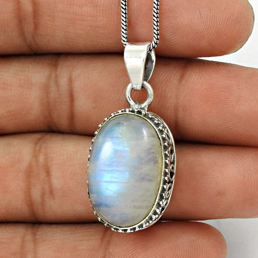 Rainbow Moonstone Pendant 925 Sterling Silver Ethnic Jewelry PN3