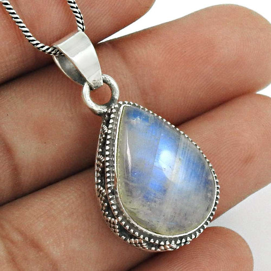 Rainbow Moonstone Pendant 925 Sterling Silver Vintage Look Jewelry PN18