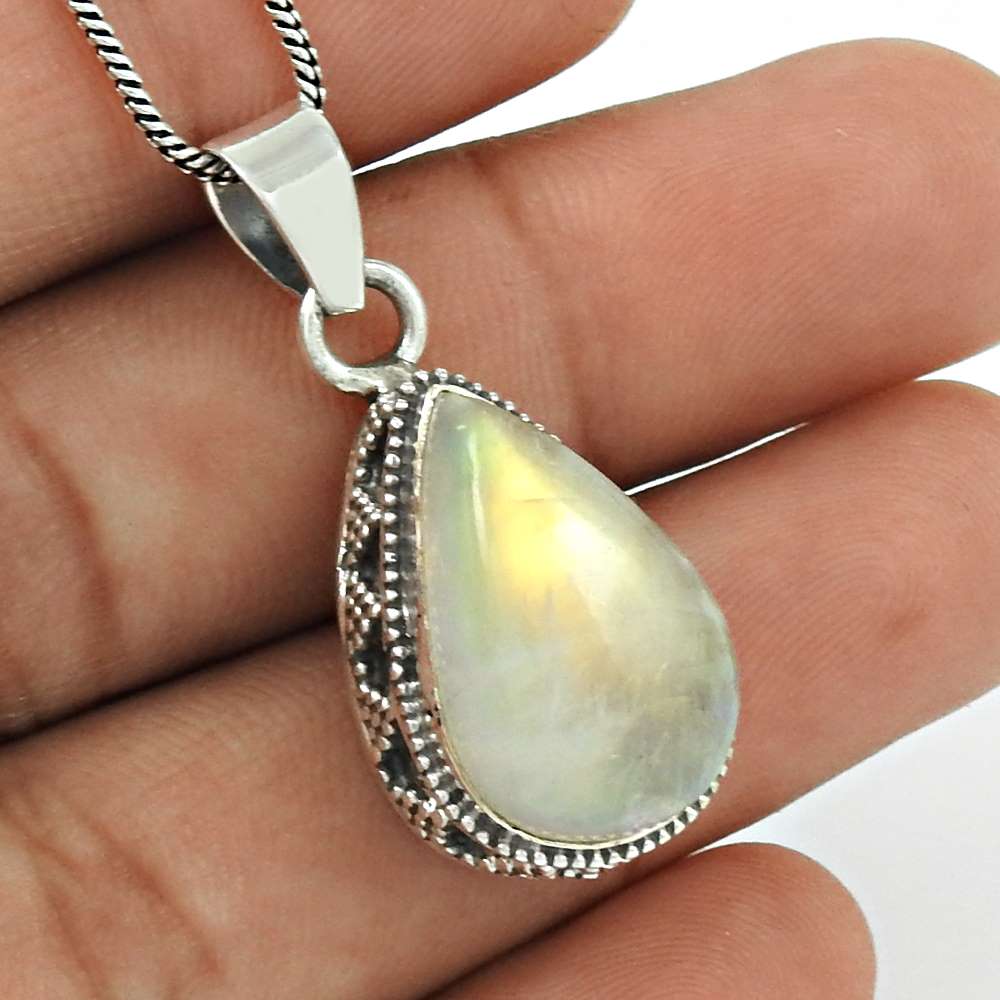 Rainbow Moonstone Pendant 925 Sterling Silver Stylish Jewelry PN19