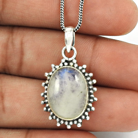 Rainbow Moonstone Pendant 925 Sterling Silver Ethnic Jewelry PN84