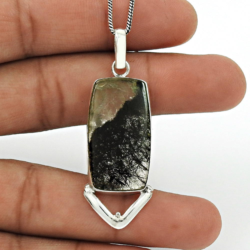 Black Rutile Gemstone Pendant 925 Sterling Silver Ethnic Jewelry PN87