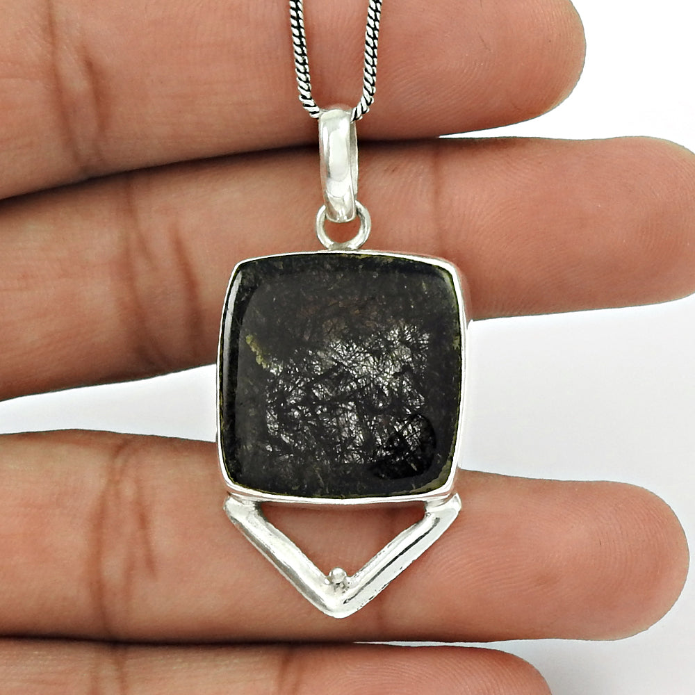 Black Rutile Gemstone Pendant 925 Sterling Silver Ethnic Jewelry PN87