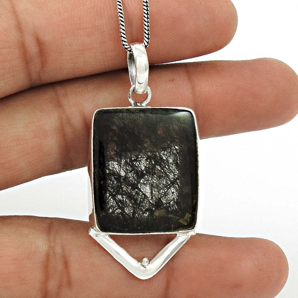 Black Rutile Gemstone Pendant 925 Sterling Silver Ethnic Jewelry PN87