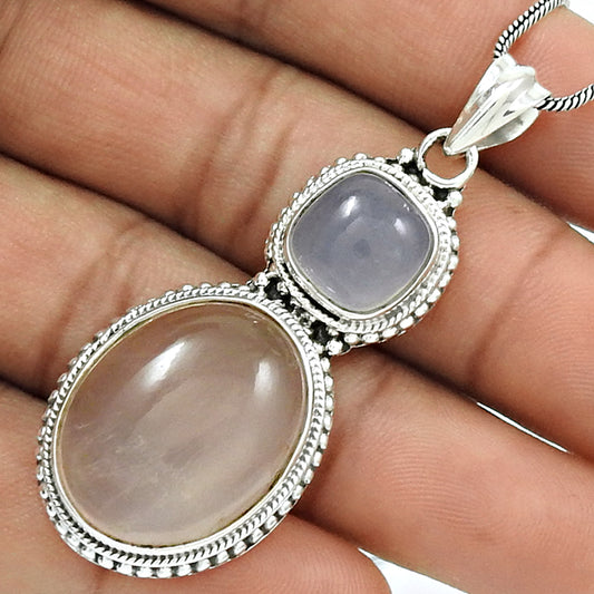 HANDMADE 925 Sterling Silver Jewelry Natural ROSE QUARTZ CHALCEDONY Pendant JJ8