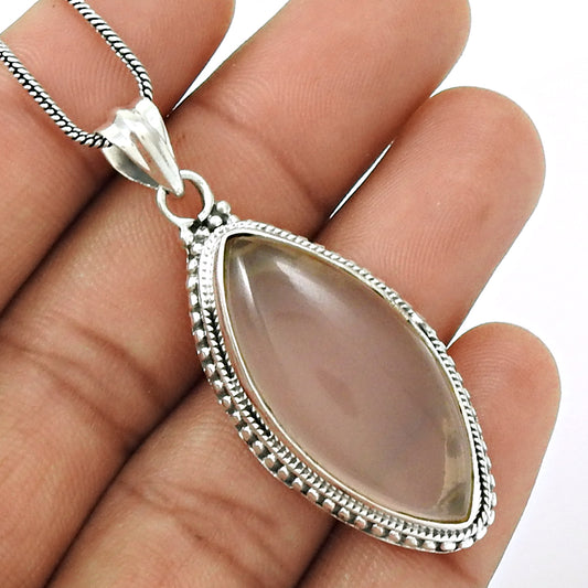 Natural ROSE QUARTZ Gemstone HANDMADE Jewelry 925 Sterling Silver Pendant AA9