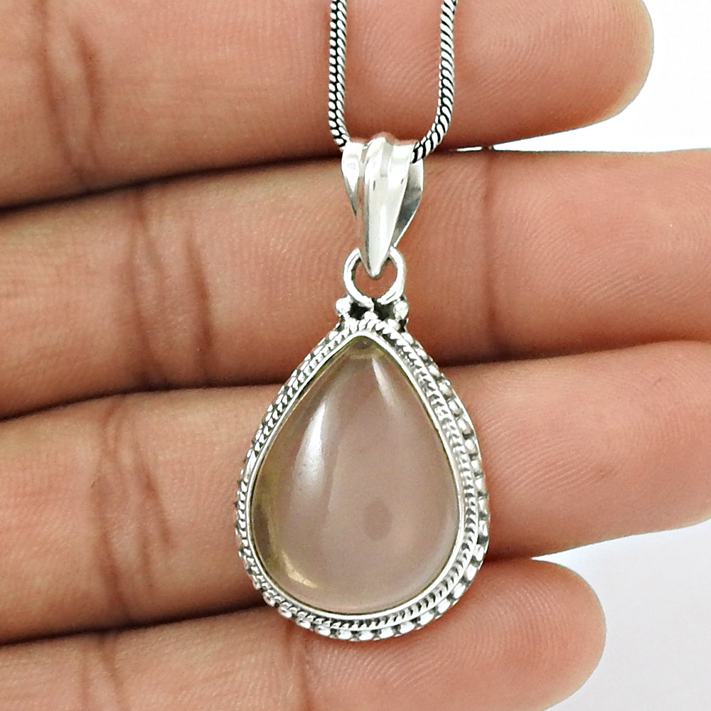 Natural ROSE QUARTZ Gemstone HANDMADE Jewelry 925 Sterling Silver Pendant AA9