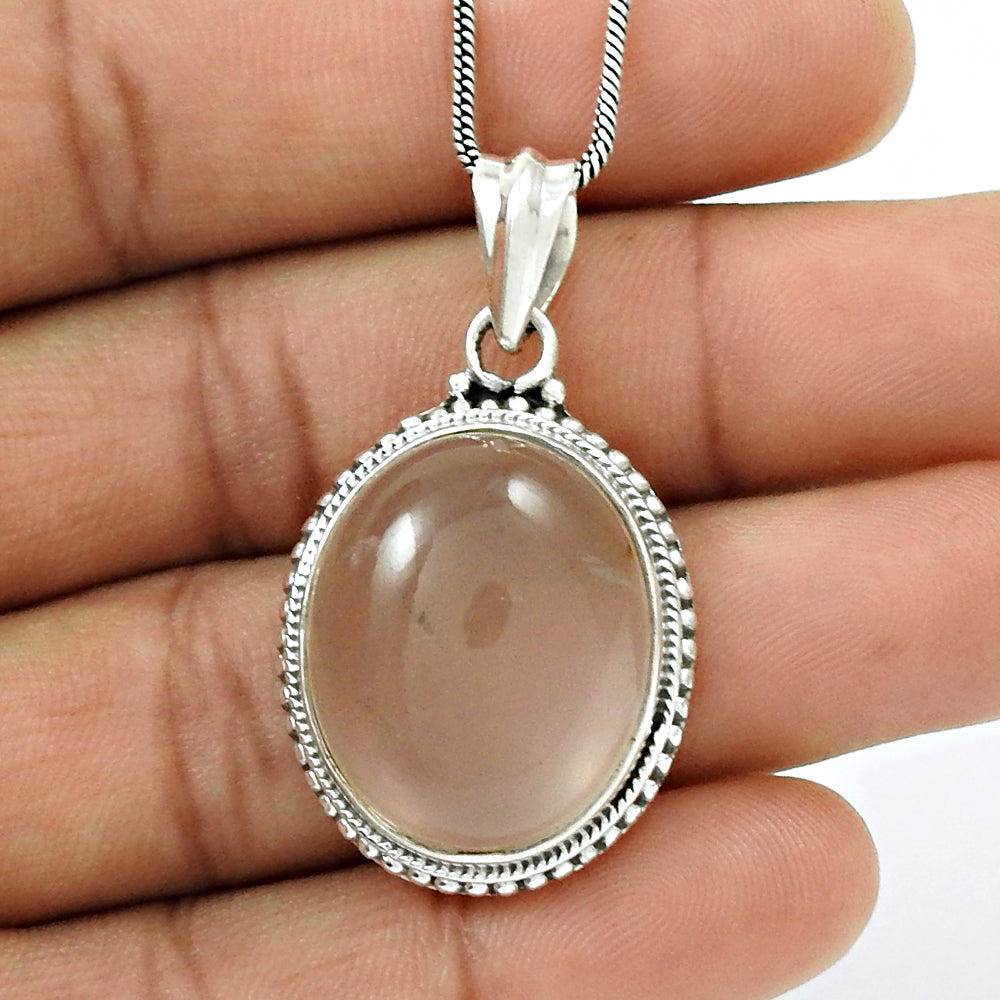 Natural ROSE QUARTZ Gemstone HANDMADE Jewelry 925 Sterling Silver Pendant AA9