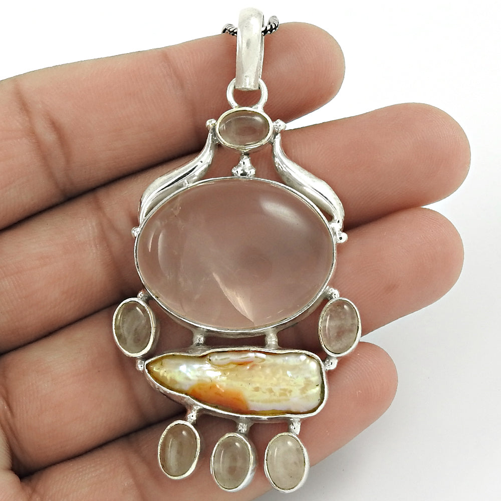 Natural Rose Quartz Gemstone 925 Sterling Silver Pendant Boho For Women F5