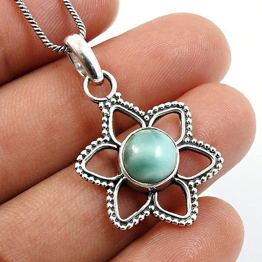 Larimar Gemstone Flower Pendant 925 Sterling Silver Fine Jewelry H38