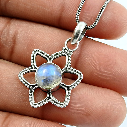 101 Crown Chakra Natural Rainbow Moonstone 925 Solid Silver Flower Birthday Pendant