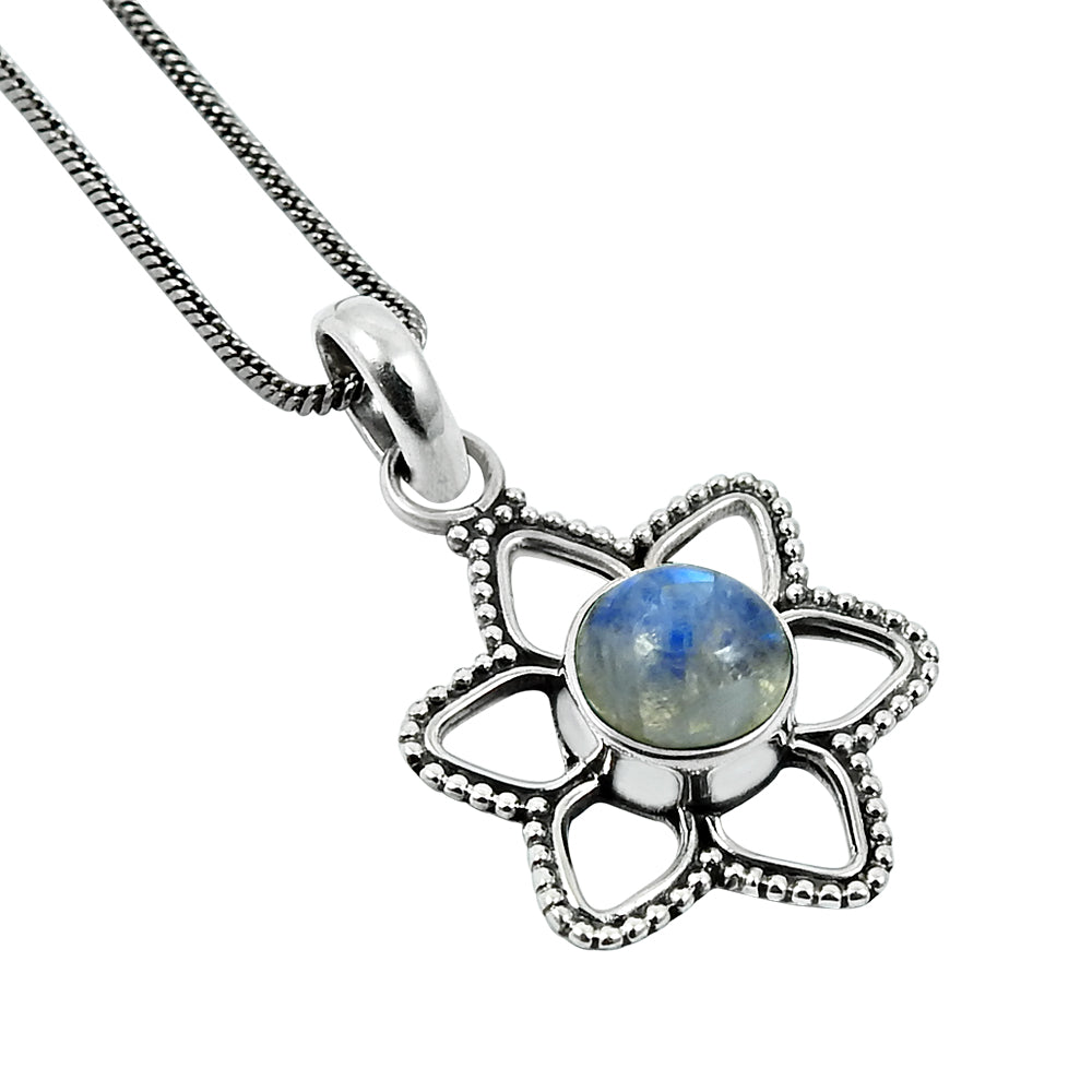 101 Crown Chakra Natural Rainbow Moonstone 925 Solid Silver Flower Birthday Pendant