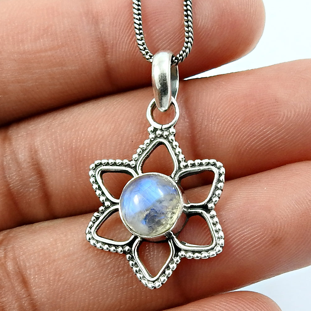 101 Crown Chakra Natural Rainbow Moonstone 925 Solid Silver Flower Birthday Pendant