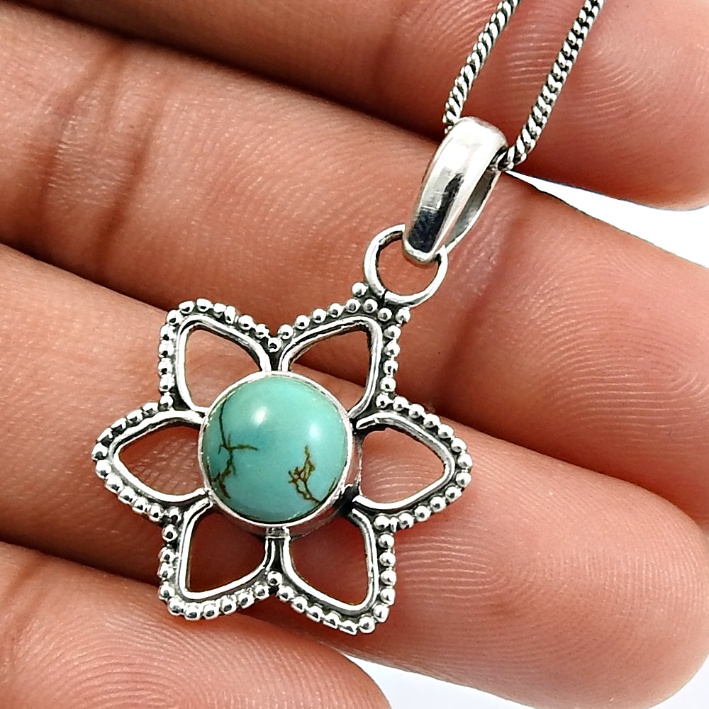 Larimar Gemstone Flower Pendant 925 Sterling Silver Fine Jewelry H38