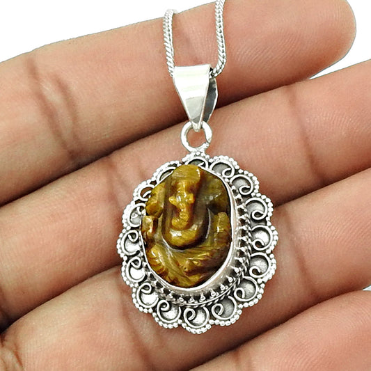101 Birthday Gift 925 Silver Natural Tiger Eye Gemstone Pendant Ganesha E29