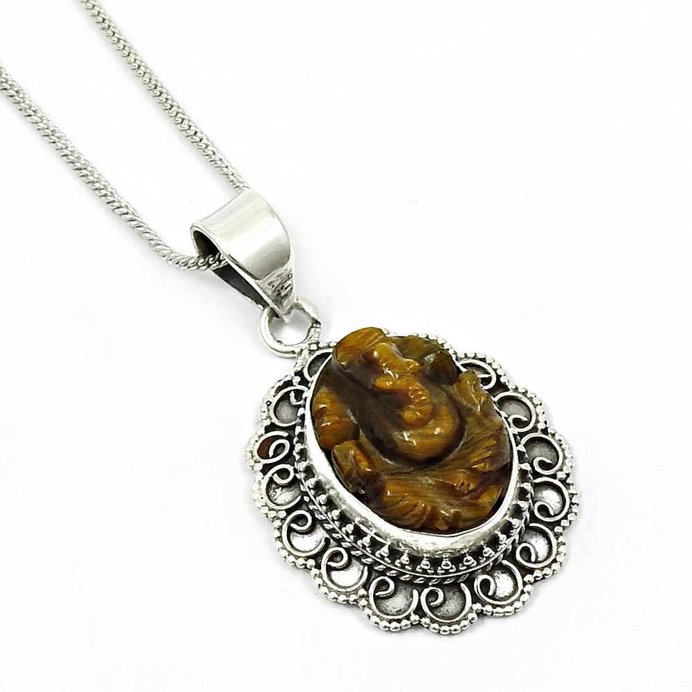 101 Birthday Gift 925 Silver Natural Tiger Eye Gemstone Pendant Ganesha E29