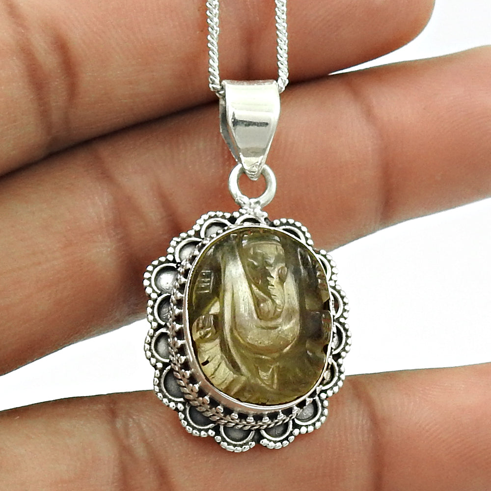 Natural CRYSTAL Gemstone Ganesha Pendant 925 Silver HANDMADE Fine Jewelry YH64