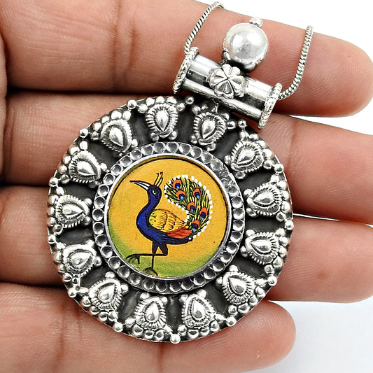 Peacock Painting Glass Pendant 925 Sterling Silver Ethnic Indian Jewelry S29