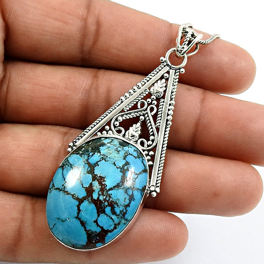 Oval Shape Turquoise Gemstone Pendant 925 Sterling Silver Fine Jewelry J10