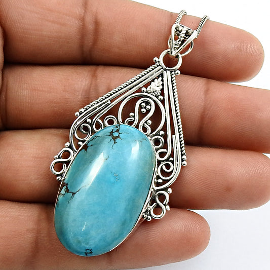 101 Friendship Day Sale Oval Turquoise Gemstone Solid Silver Ethnic Bezel Pendant