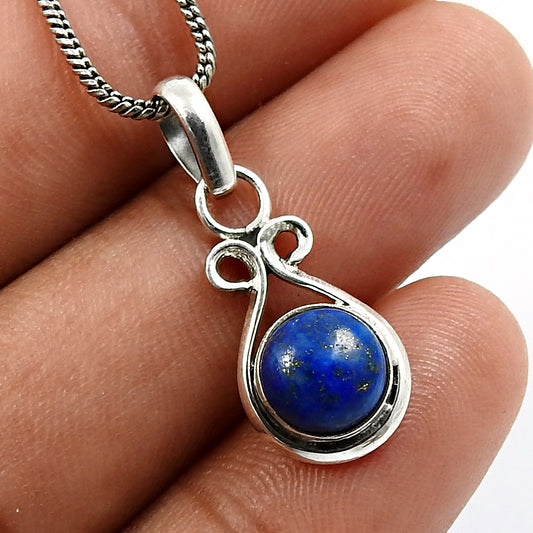 Round Shape Lapis Lazuli Gemstone Jewelry 925 Solid Sterling Silver Pendant E16