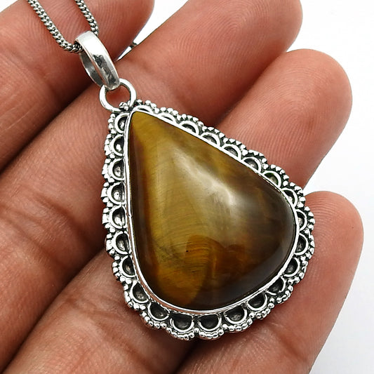 Birthday Gift 925 Sterling Silver Jewelry Tiger'S Eye Gemstone Pendant R9