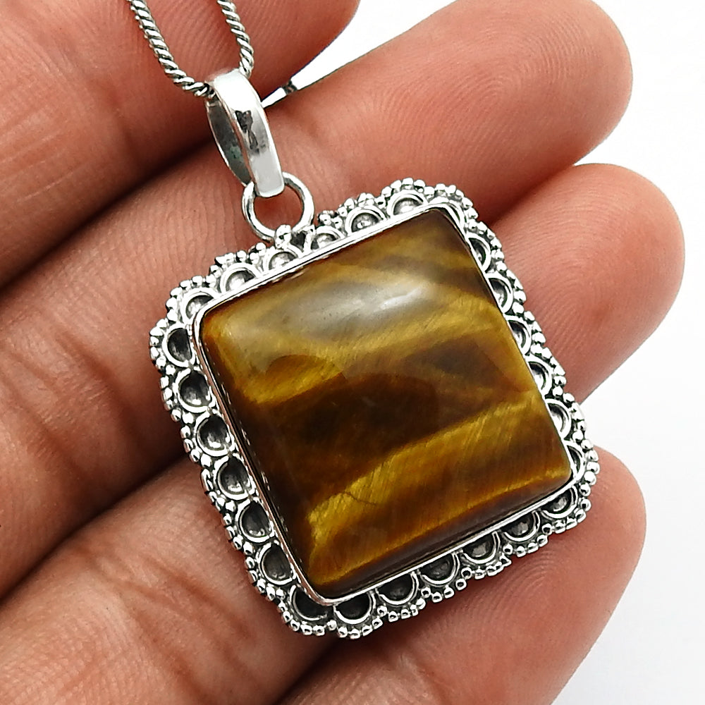 925 Sterling Silver Jewelry Tiger'S Eye Gemstone Pendant S9