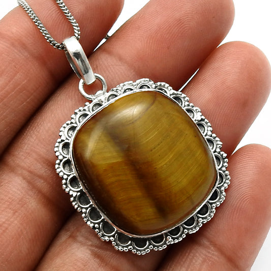 925 Sterling Fine Silver Jewelry Tiger'S Eye Gemstone Pendant T9