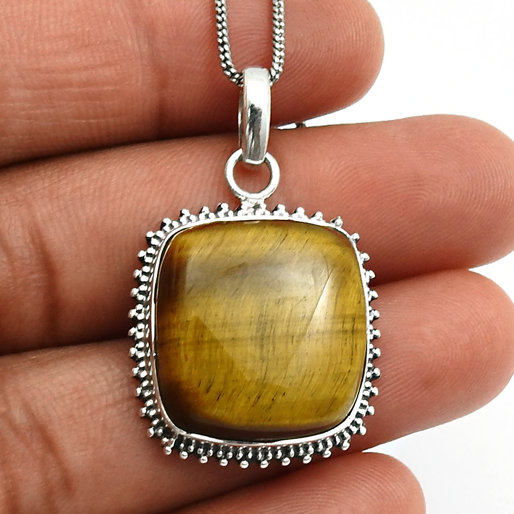 Birthday Gift 925 Sterling Silver Jewelry Tiger'S Eye Gemstone Pendant U9