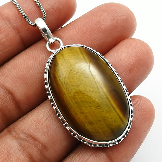 Tiger'S Eye Gemstone Pendant 925 Sterling Silver HANDMADE Jewelry B10