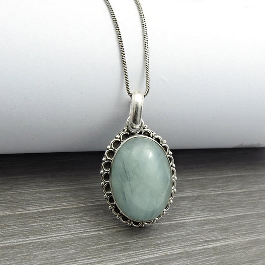 Oval Aquamarine Gemstone Pendant 925 Sterling Silver Handmade Jewelry M5