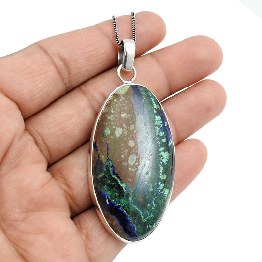 Natural Azurite Malachite Gemstone Pendant 925 Sterling Silver For Women N24