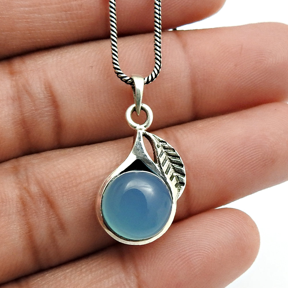 Natural Blue Chalcedony Gemstone 925 Sterling Silver Handmade Leaf Pendant Gift