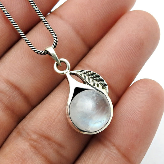 Natural Rainbow Moonstone 925 Silver Leaf Engagement Crown Chakra Bezel Pendant