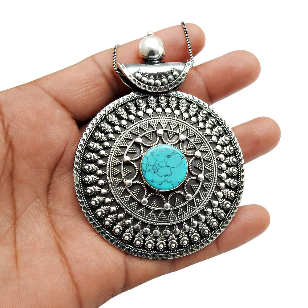 Gift For Her Natural Blue Turquoise Gemstone Oxidized 925 Silver Turkish Pendant