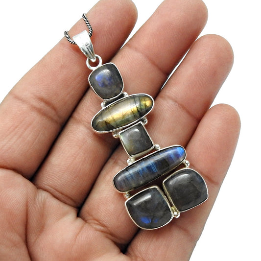 Natural Labradorite 925 Solid Silver Wedding Engagement Handmade Ethnic Pendant