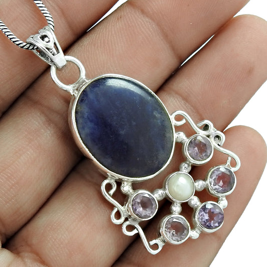 Natural Sodalite Gemstone Jewelry 925 Sterling Silver Pendant For Girls O19