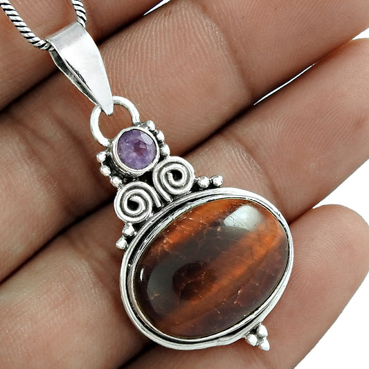 Mothers Day Gift 925 Silver Natural Tiger'S Eye Gemstone Pendant Artisan F15